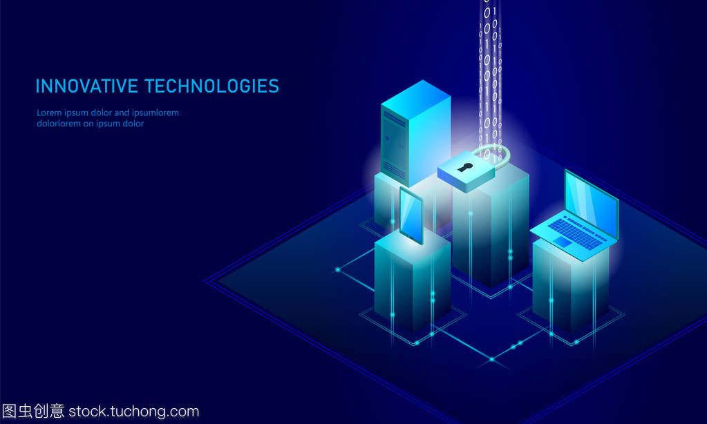 等距互聯網安全鎖業務理念。藍色發光等距個人信息數據連接 pc 智能手機未來技術。3d 圖表矢量圖