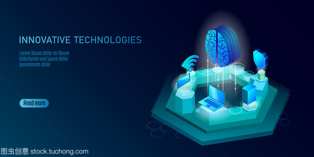 等距人工智能業務概念。藍色發光等距個人信息數據連接 pc 智能手機人腦未來技術。3d 圖表矢量圖